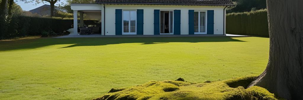 Ta bort mossa i gräsmattan En vit villa på en gräsmatta med mossa i gräsmattan.