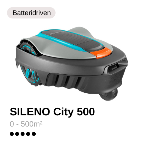 Sileno City 500 robotgräsklippare Robotgräsklippare SILENO CITY 500 Gardena i grå färg med inslag av orange och turkos färg.