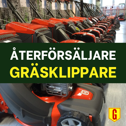 Så anlägger du en ny gräsmatta Massa oranga gräsklippare på rad och på bilden finns texten Återförsäljare gräsklippare.