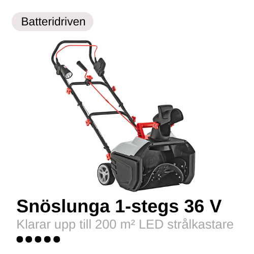 Svart batteridriven snöslunga med röda detaljer. 