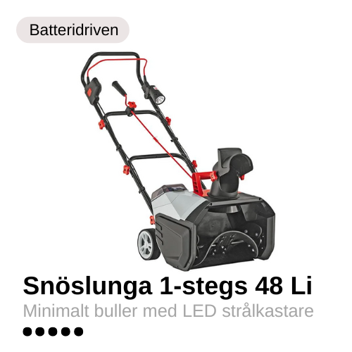 Svart och grå batteridriven 1-stegs snöslunga med röda detaljer.