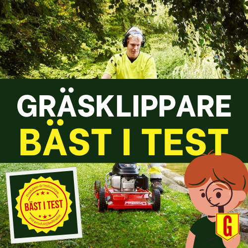 Vinterförvaring av gräsklippare En man går och klipper gräset i gul tröja och en röd gräsklippare. Ovanpå bilden syns märket Bäst i Test och texten Gräsklippare bäst i test. I höger nedre hörn står en tecknad pojke med förstoringsglas.