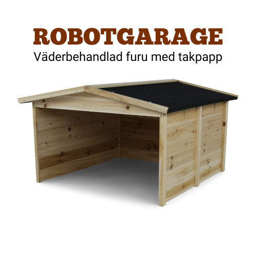Robothus i väderbehandlad furu och takpapp Robotgräsklipparegarage i väderbehandlad furu och takpapp.