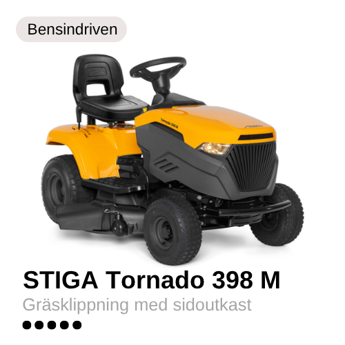 Stiga Tornado 398 M Gul trädgårdstraktor från Stiga. Ingår tvättlänk, mugghållare och strålkastare.