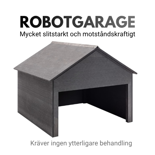 Robotgräsklipparehus i massiv gran på 2 cm. Robothus i mörkgrå färg som är tillverkat av träplastkomposit.